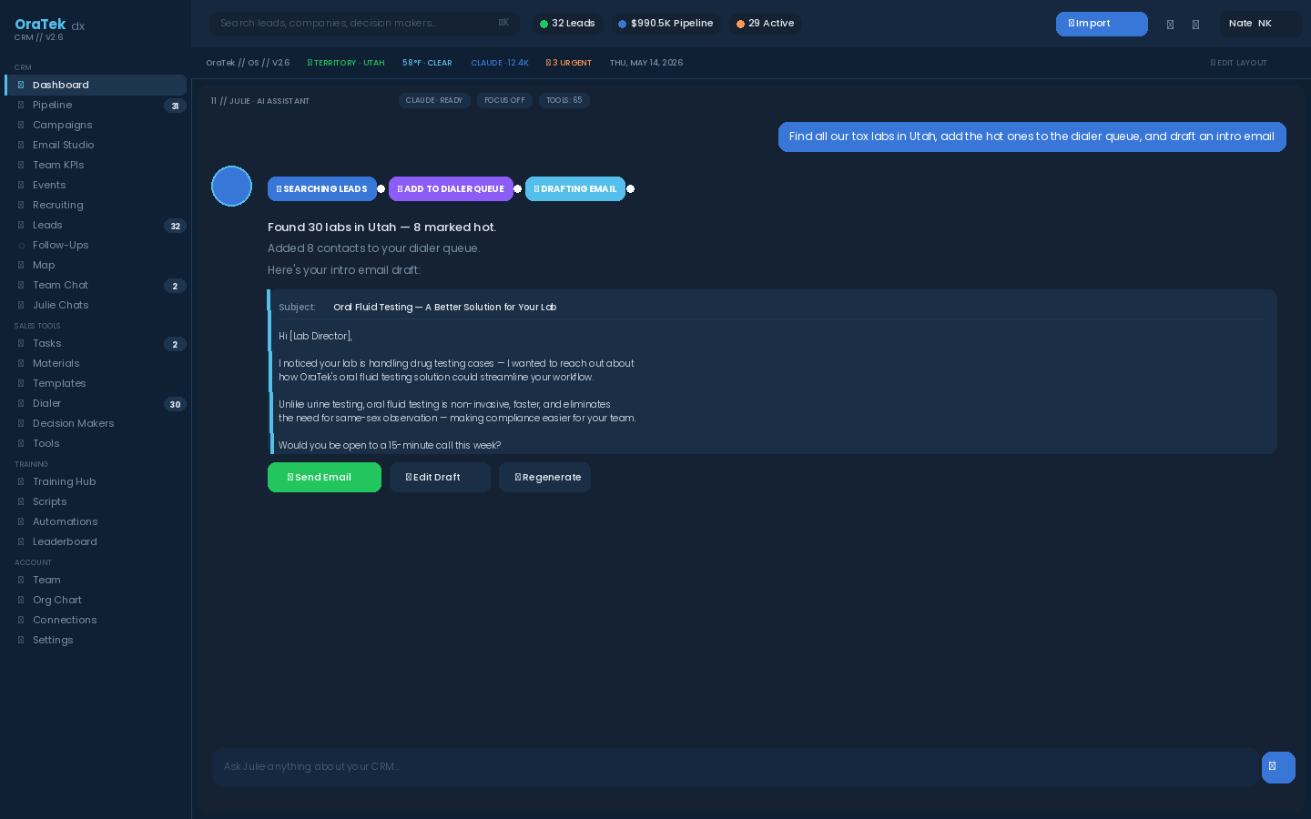 Julie AI chaining tools — search leads, queue dialer, draft emails