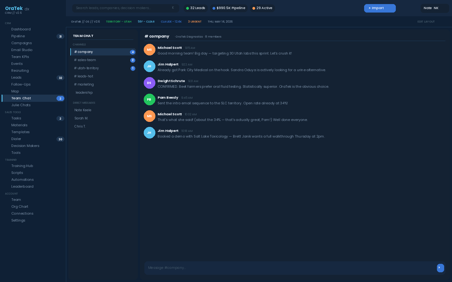 Team chat with company channel, groups, and DMs
